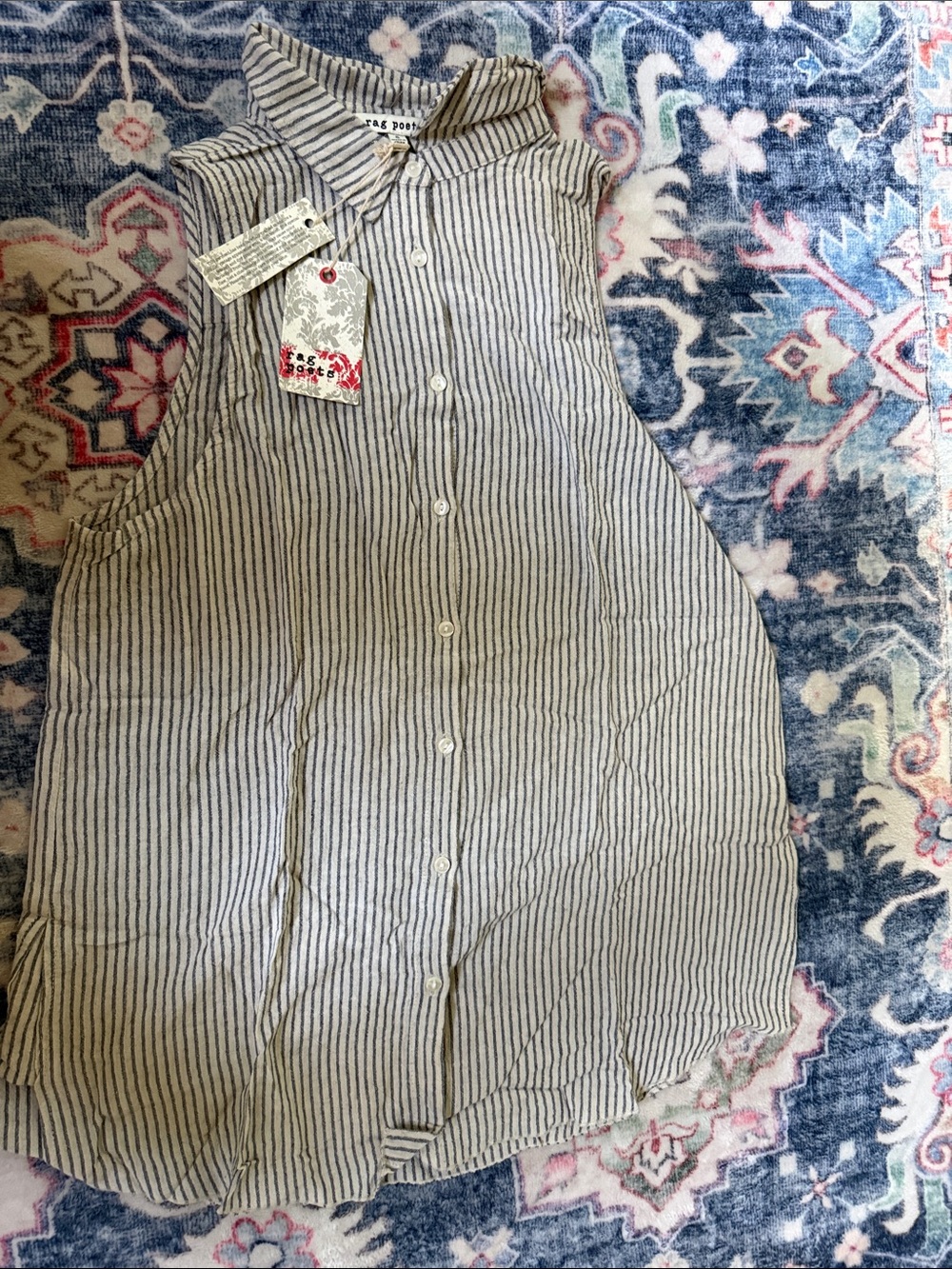 rag poets Sleeveless Button-Front Striped Shirt - White & Navy
